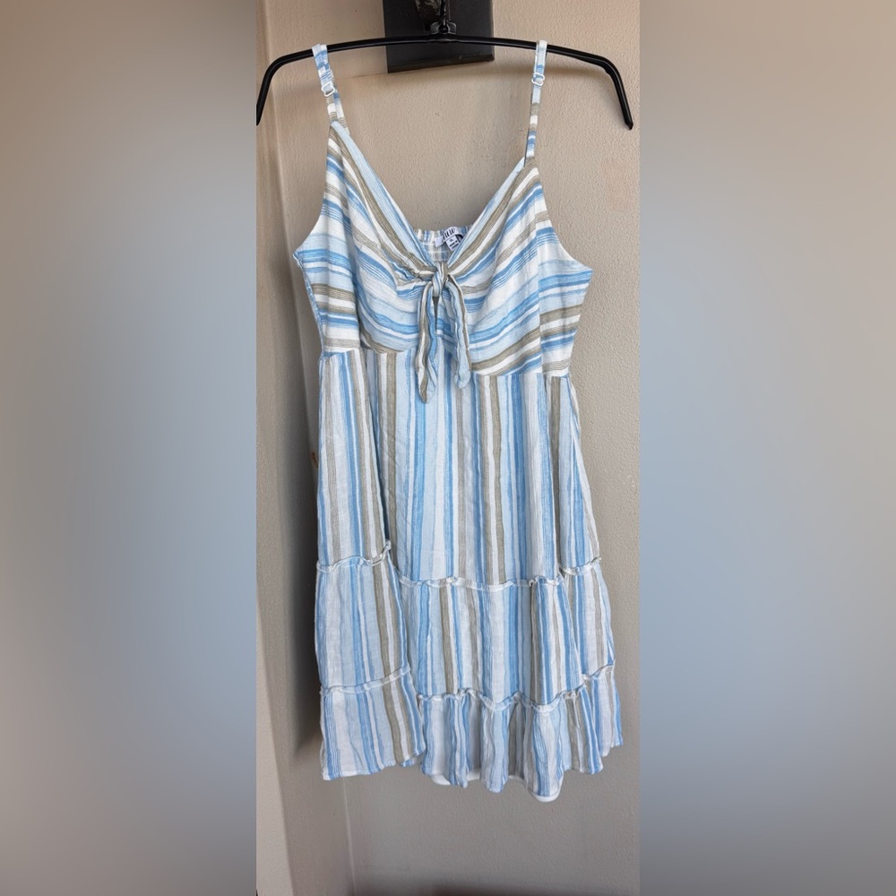 A.U.W Mini Dress Blue/White/Tan Vertical Stripe Spaghetti Straps Ruffle Lined XL
